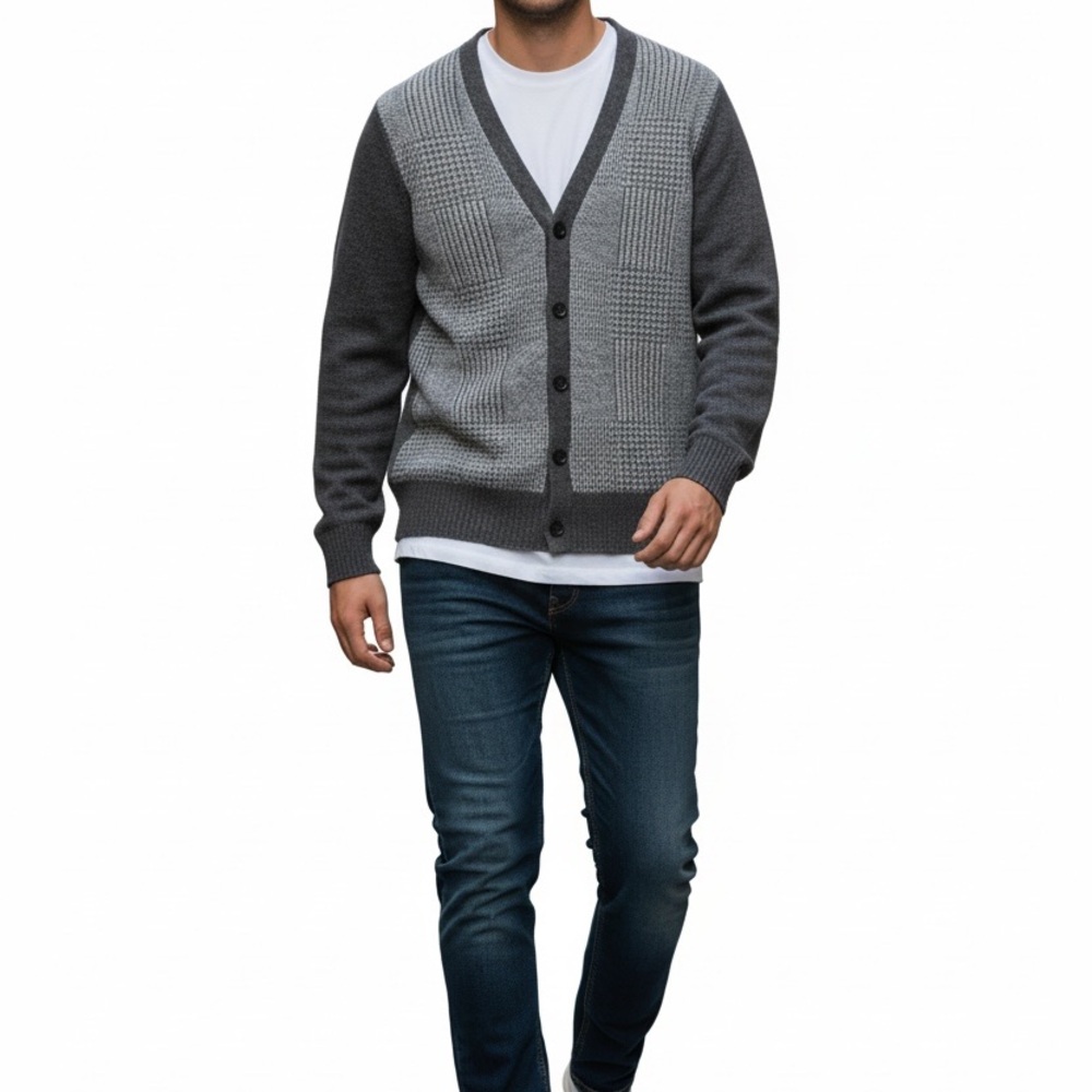 Saks Fifth Avenue Two-Tone Gray Pattern Cardigan 100 % Wool